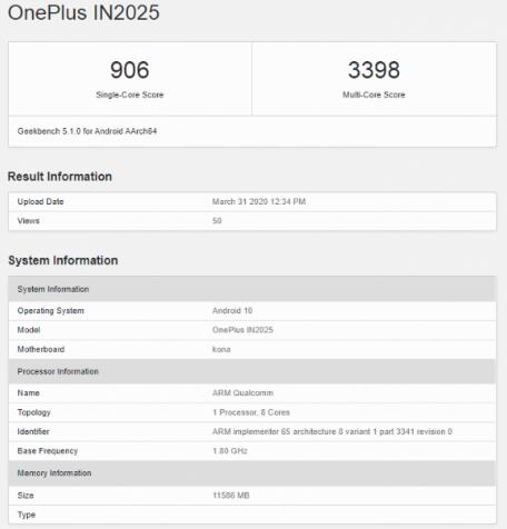 OnePlus 8 5G已在Geekbench上发现 具有12GB RAM
