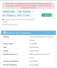 三星Galaxy A01 Core通过泰国NBTC认证