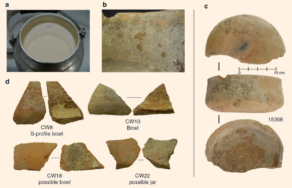 来自Çatalhöyük的现代和古代船只的钙化沉积物的例子：（a）在研究项目化合物Çatalhöyük附近使用的现代茶水壶中含有大量钙化沉积物的CaCO3附子的例子; （b）钙化矿床的特写; （c）相对完整的容器（本研究未分析）显示碗状和钙化沉积物的程度; （d）在本研究中分析的四个陶片的选择显示了粘附在陶瓷陶瓷内表面上的沉积物。 图片来源：Hendy等，doi：10.1038 / s41467-018-06335-6。